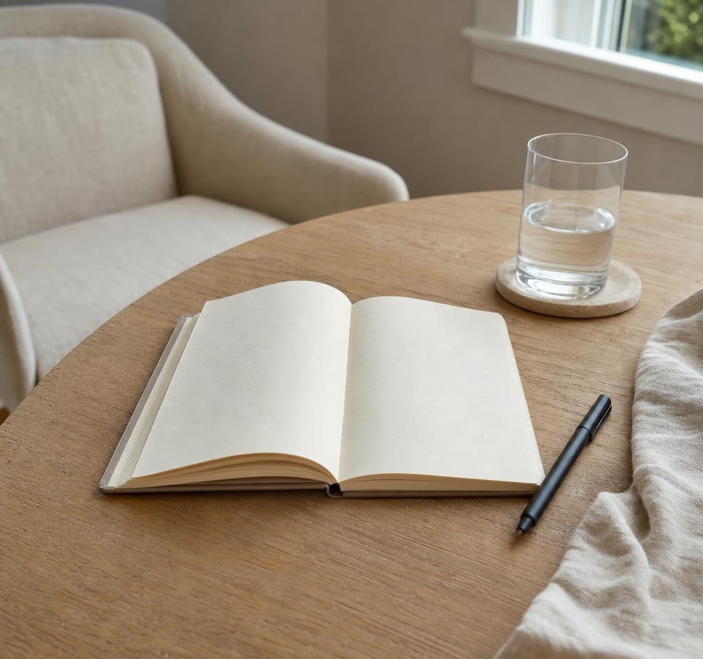 Open notebook, pen and water glass on a sunlit table beside a cream chair