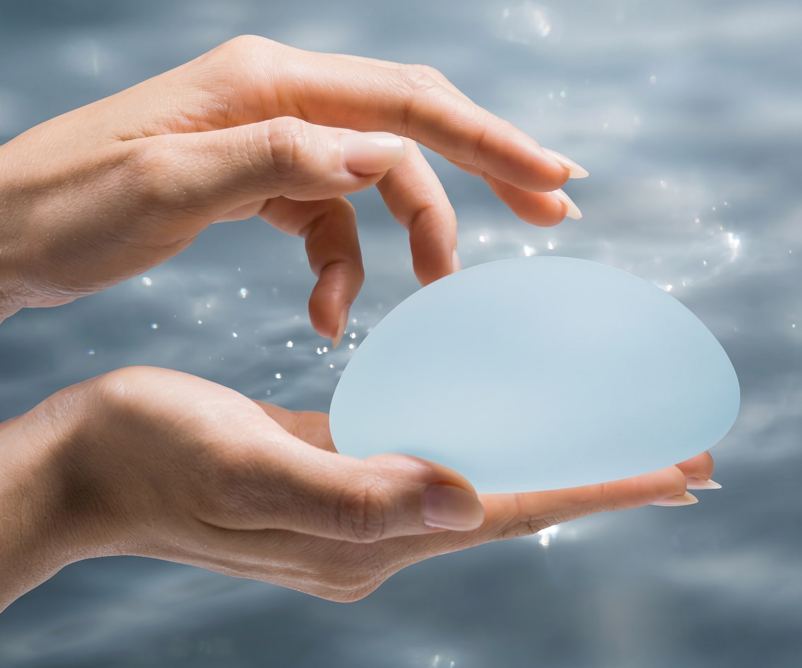 Hands holding a Motiva breast implant over blue water.