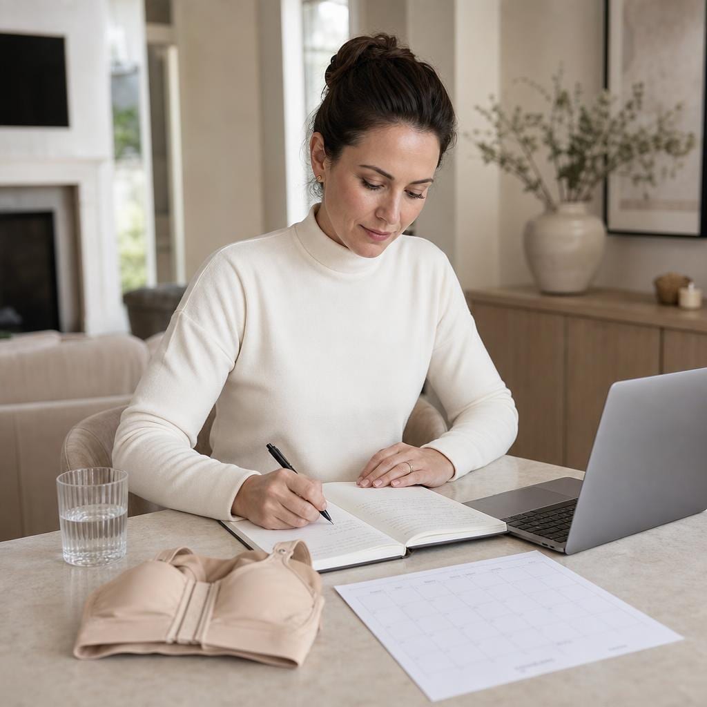 Patient reviewing budget and planning notes in preparation for breast surgery.