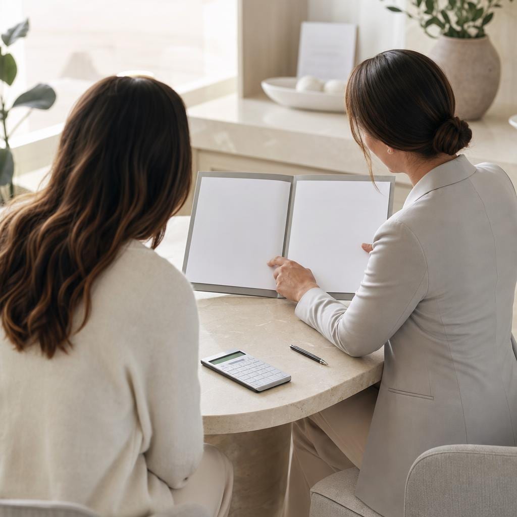 Patient reviewing a printed surgical estimate document at a consultation desk.