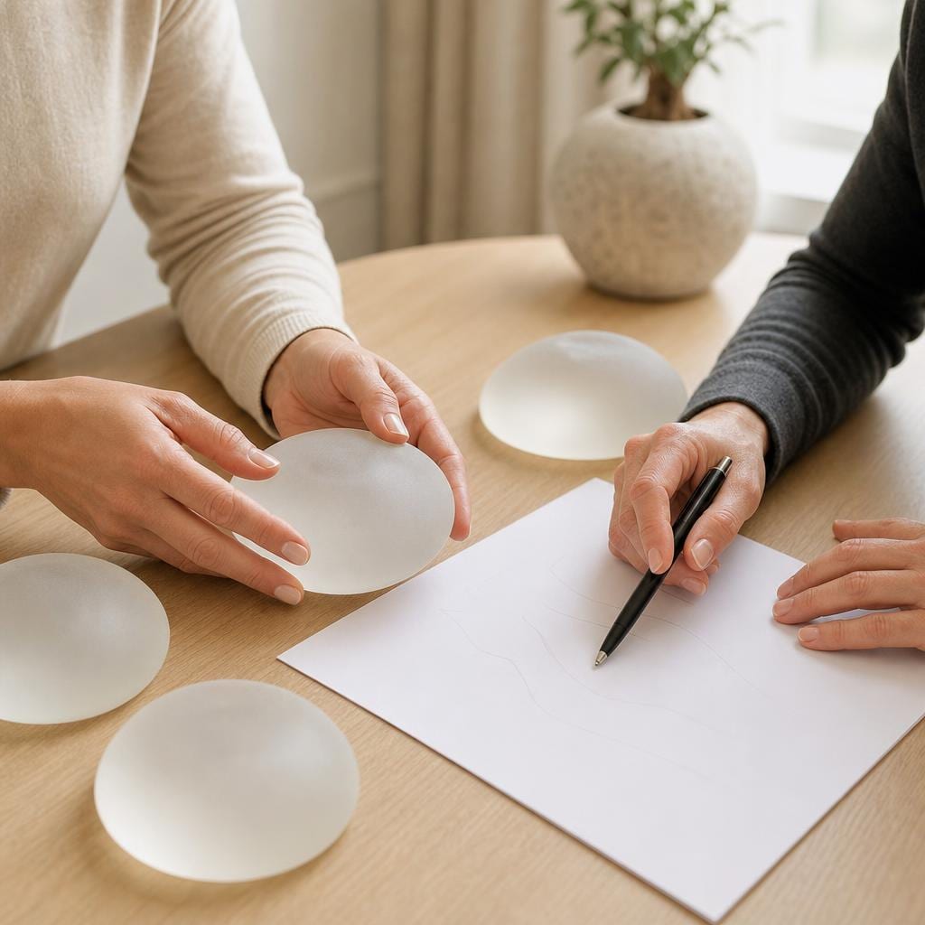 Patient and clinician reviewing unbranded breast implant sizing models at a consultation table.