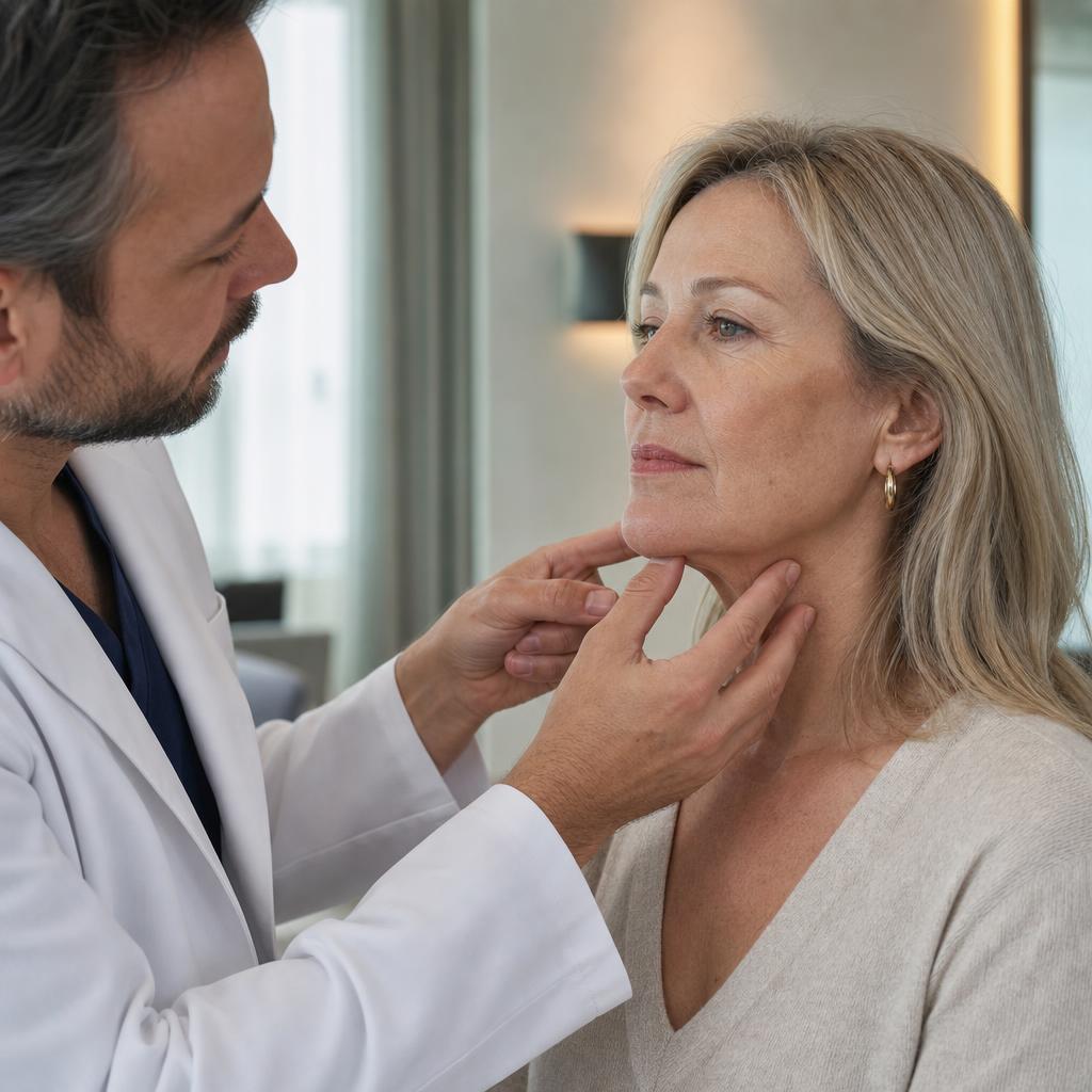 Physician assessing a patient's jawline and neck during a facial rejuvenation consultation.