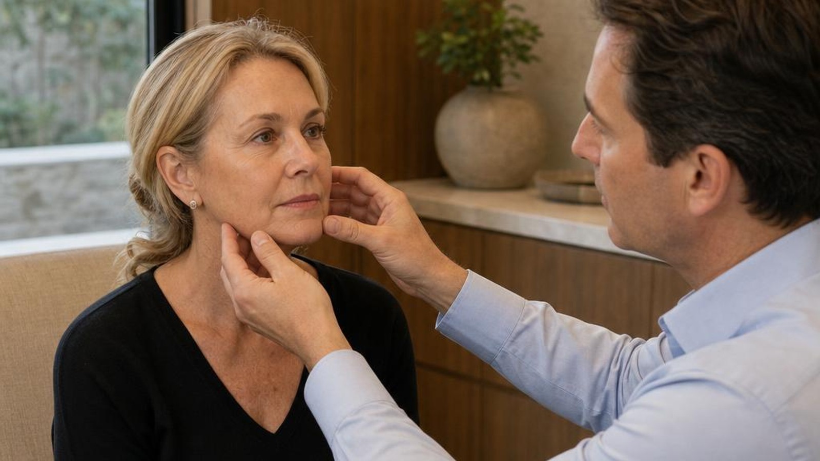 Plastic surgeon evaluating a patient's cheek and jawline during a facelift consultation.