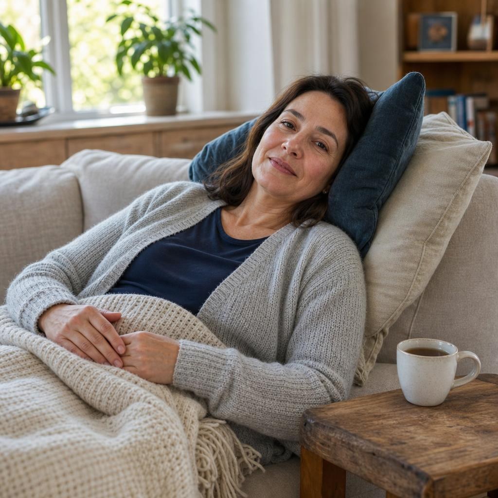 Patient resting comfortably at home with her head elevated during early facelift recovery.