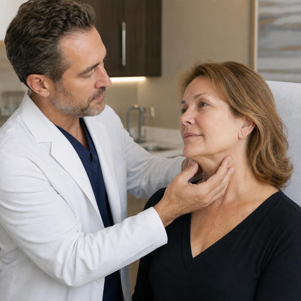 Surgeon examining a patient's jawline and neck during a facelift recovery follow-up visit.