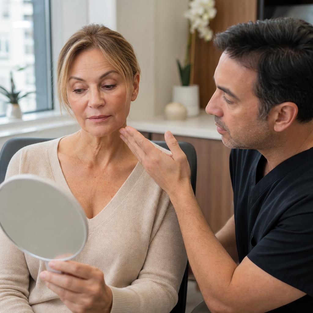 Patient and physician reviewing facial proportions during facelift planning.