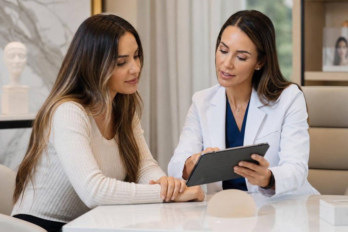 Patient and surgeon reviewing a personalized surgical plan at a consultation.