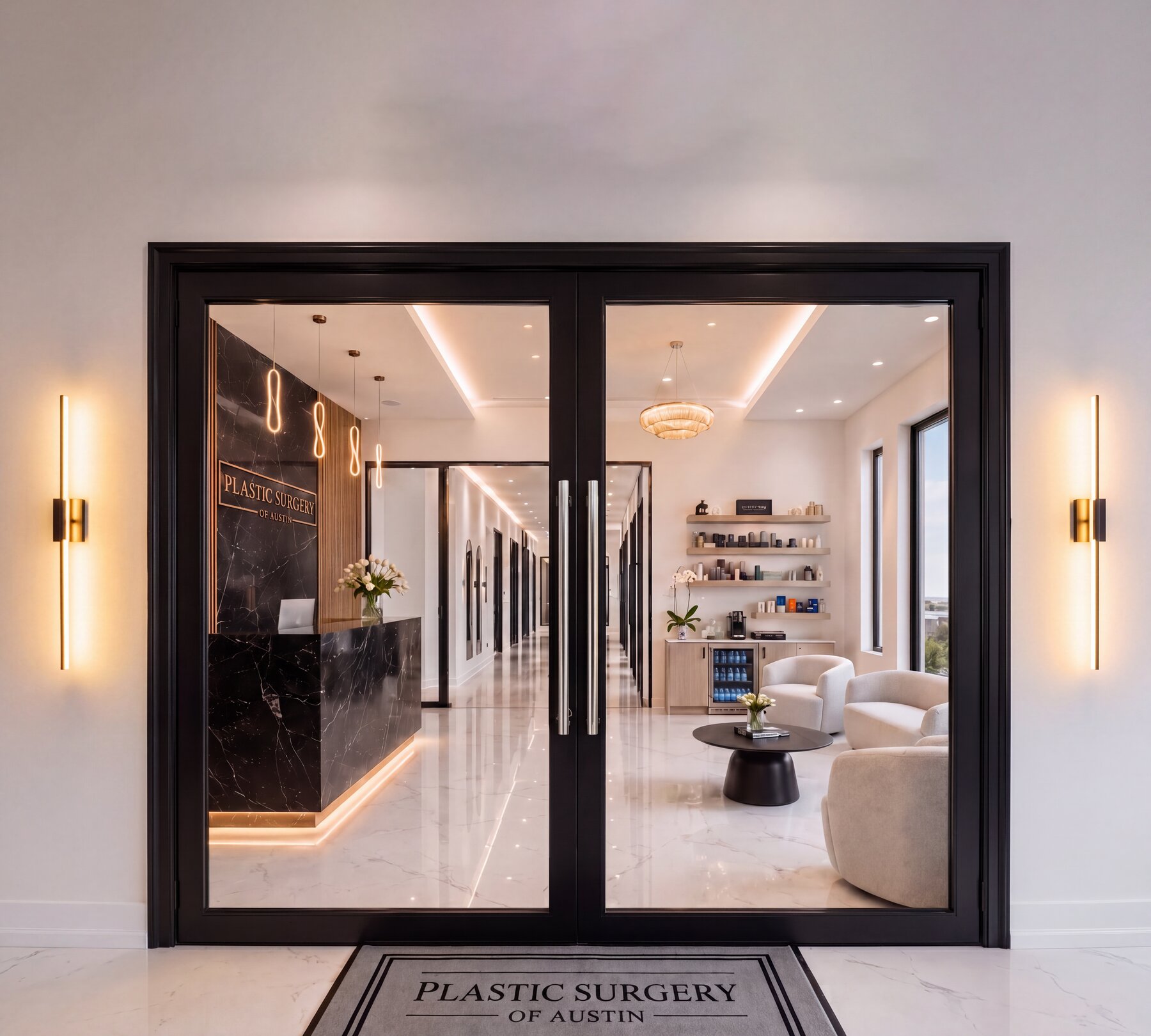 Plastic Surgery of Austin clinic entrance with luxury reception interior