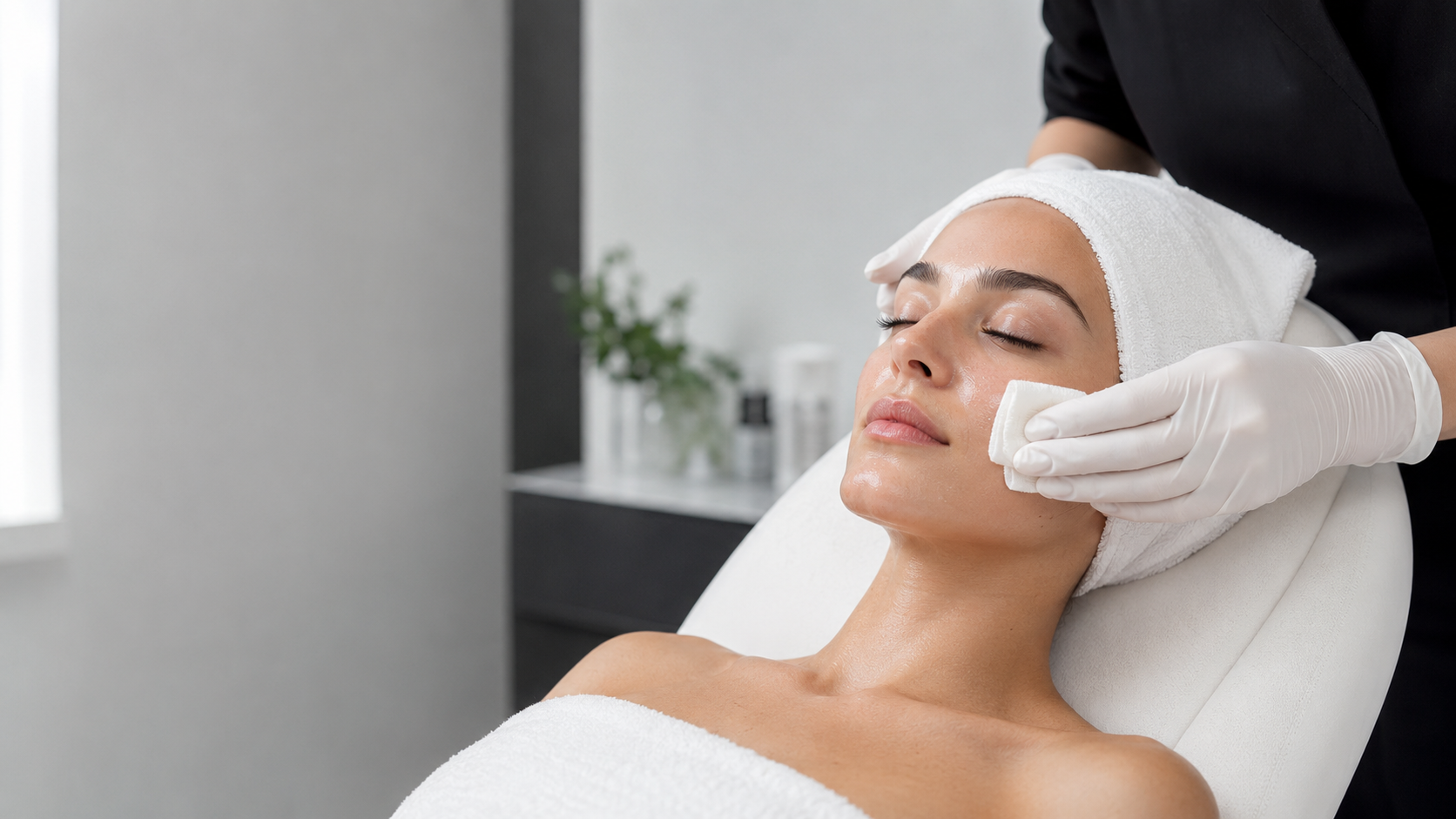 Chemical peel being applied with gauze in a clinical spa setting